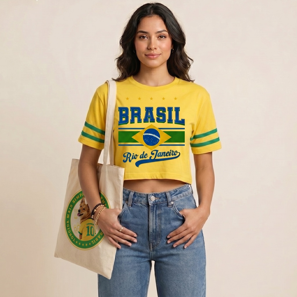 Kit Cropped e Bolsa Ecobag Brasil Brasileira Torcida Cachorro Caramelo Bandeira Ideal Passeio Jogos