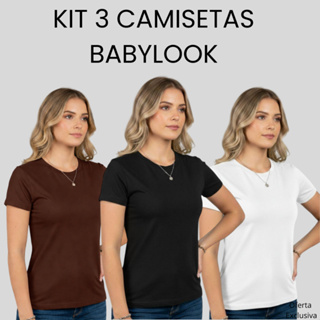 Kit 3 Camisetas Femininas Baby Look – Essencial em Algodão Premium 30.1 em Oferta na Shopee