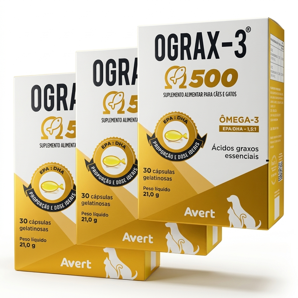 Kit 3 Ograx 500 Suplemento Cães Gatos Saúde Vitalidade Omega-3