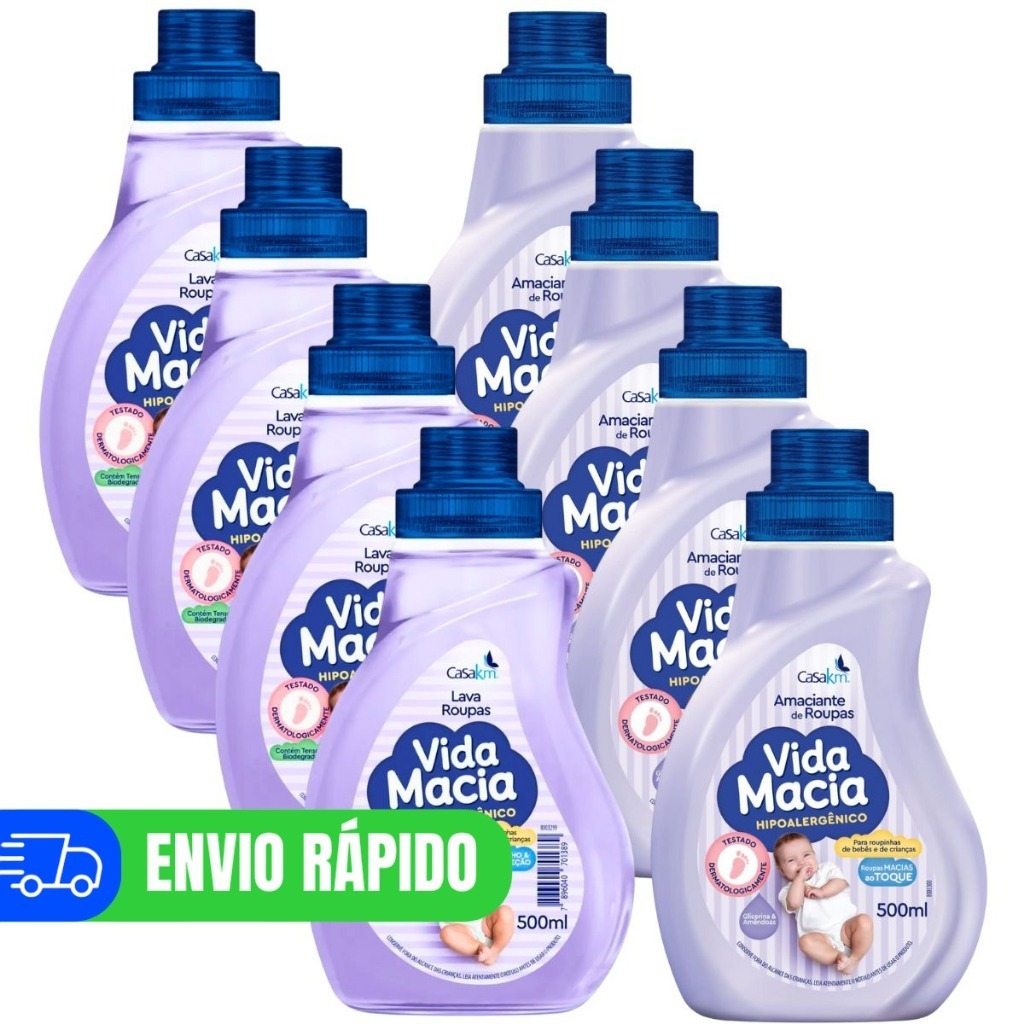 Kit 4 Lava Roupas Líquido e Amaciante Bebê Vida Macia 500ml