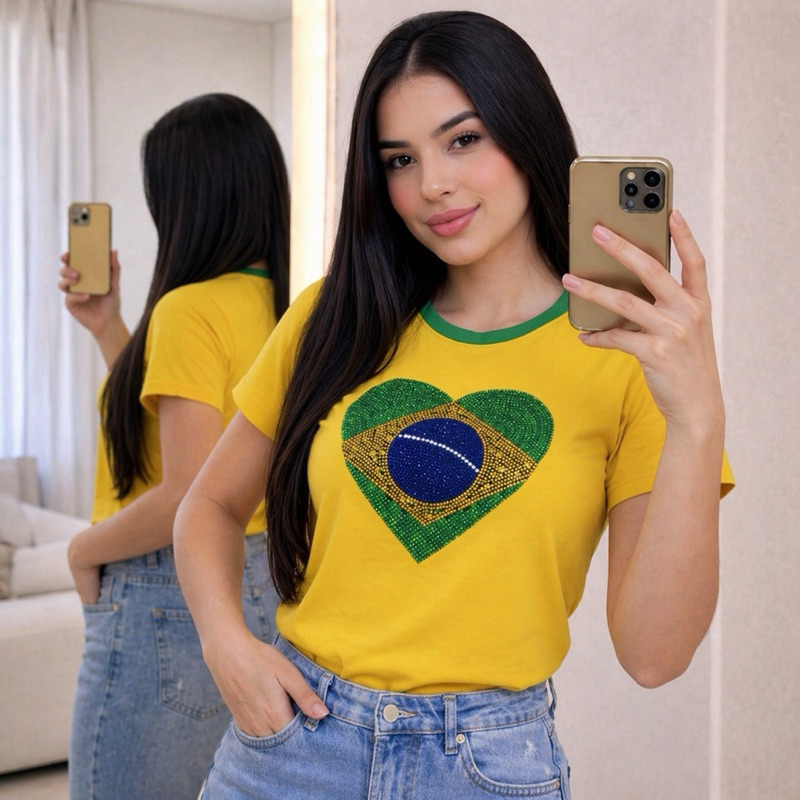 T-shirt Feminina Bandeira do Brasil em Strass Copa 2026
