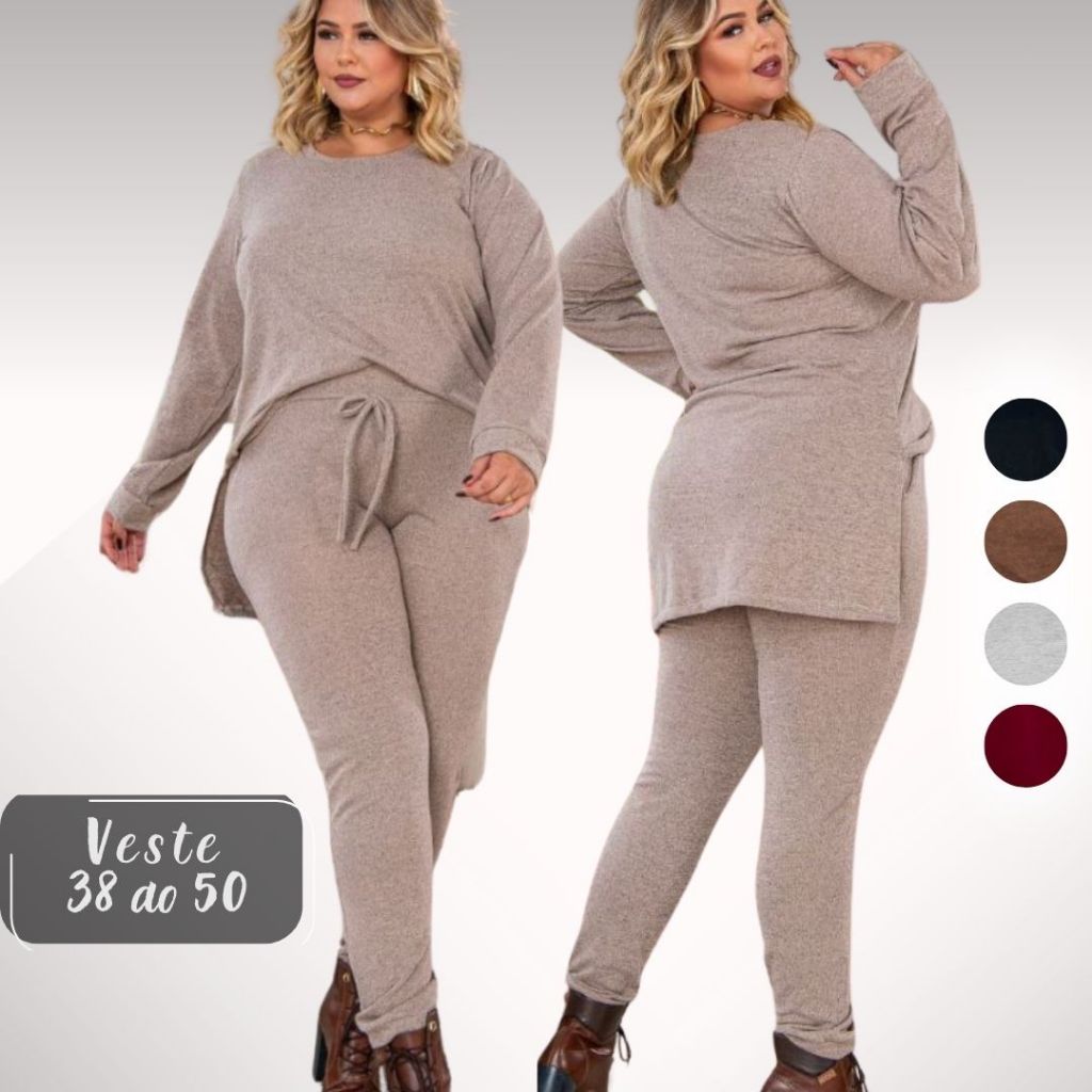 Conjunto de Frio Feminino Malha Lanzinha plus size curve Estilo Moletom Look Inverno