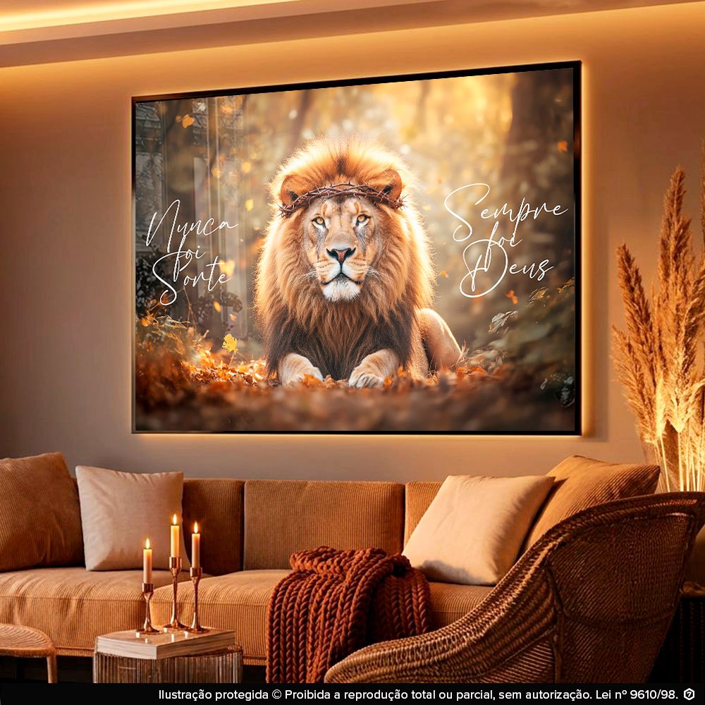 Quadro Decorativo Sala Grande 110x70 Leão Frase Nunca Foi Sorte Sempre Foi Deus Sala Quarto