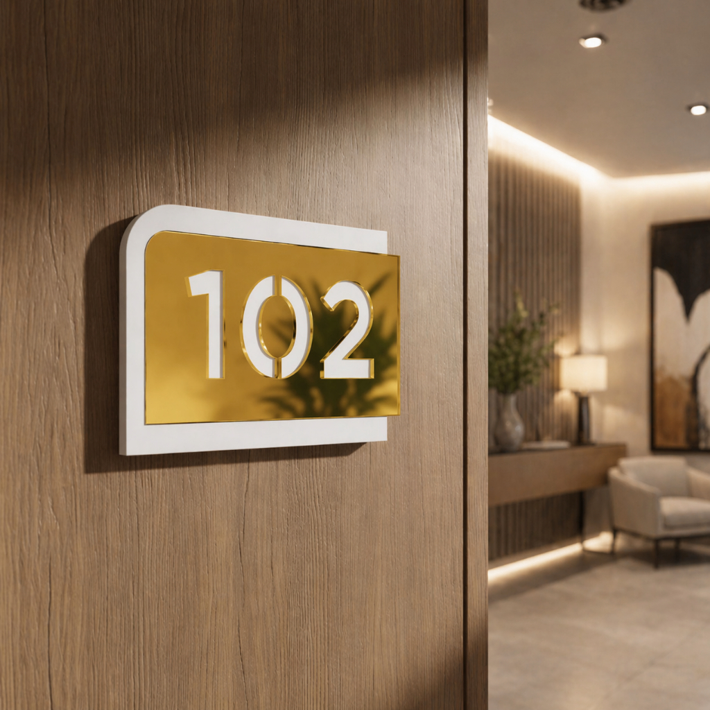 Placa Número Porta Apartamento Casa Loja Escritório Em Acrílico Branco e Dourado