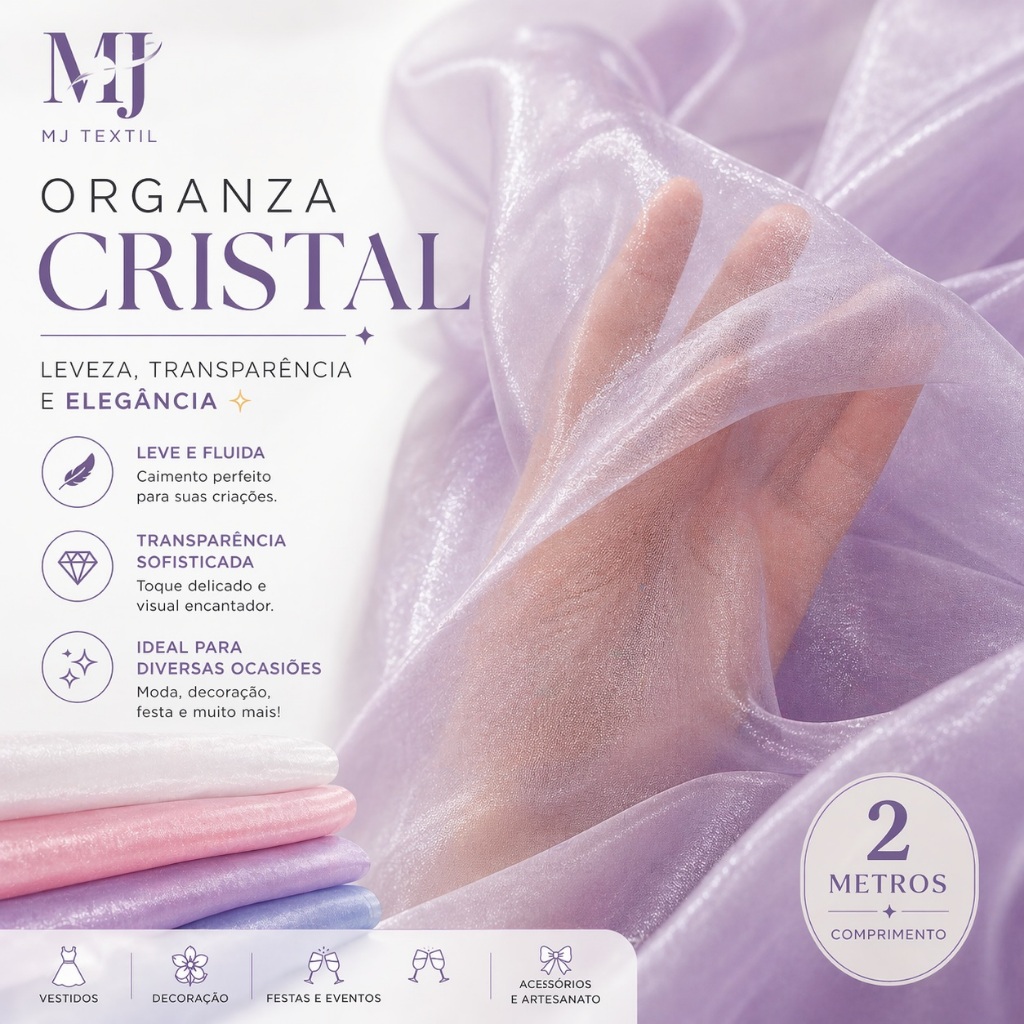 Organza Cristal 2 Metros – Tecido Leve, Transparente e Elegante | Decoração, Vestidos e Festas