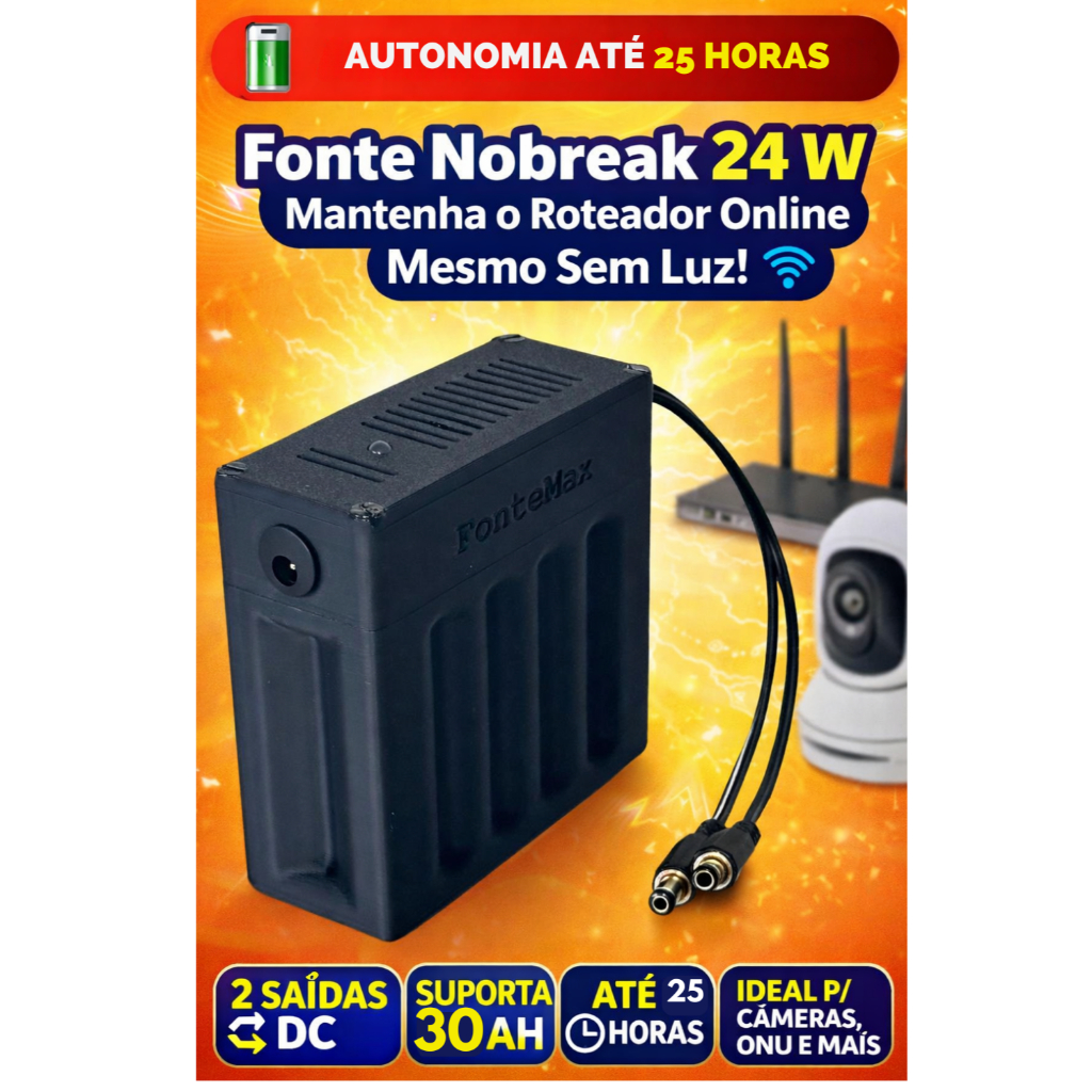 Mini Nobreak 12v, 24 Watts de potência. 🔋 Autonomia até 25 h ⚡ 30 Ah | Ideal para Roteador, Câmeras e ONU