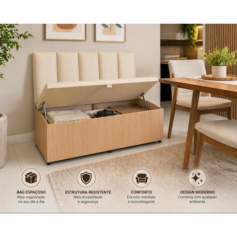 kit Canto Alemão reto Baú emadeirado freijo MDF 15mm Estofado com Encosto Alto – Moderno, Confortável e Funcional