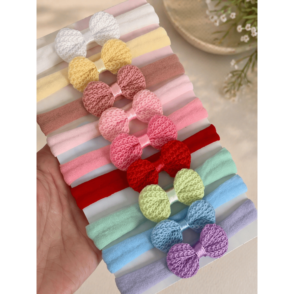 Kit com 9 Faixas de Cabelo para Bebê, Laço em Crochê em Meia de Seda