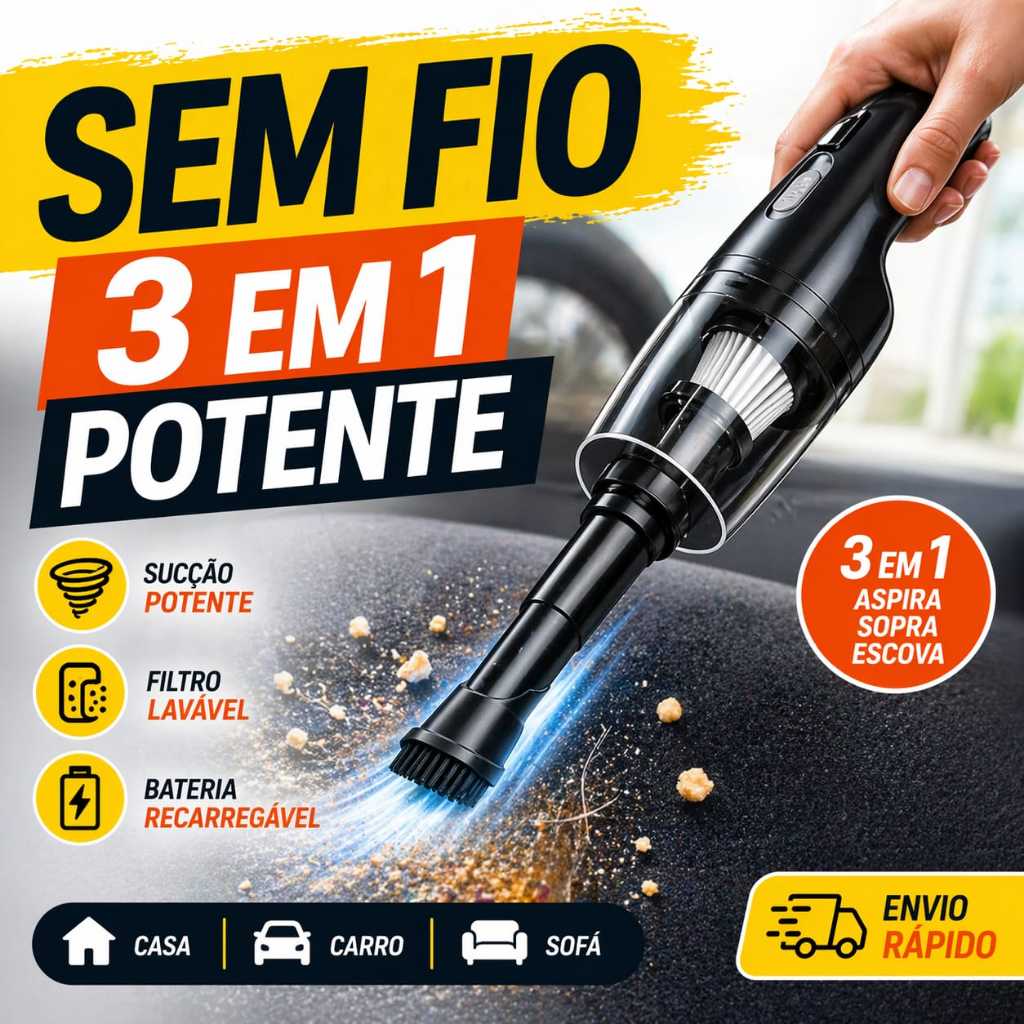Mini Aspirador Portátil S/Fio Recarregável 3 em 1 Potente  Casa Carro sofa