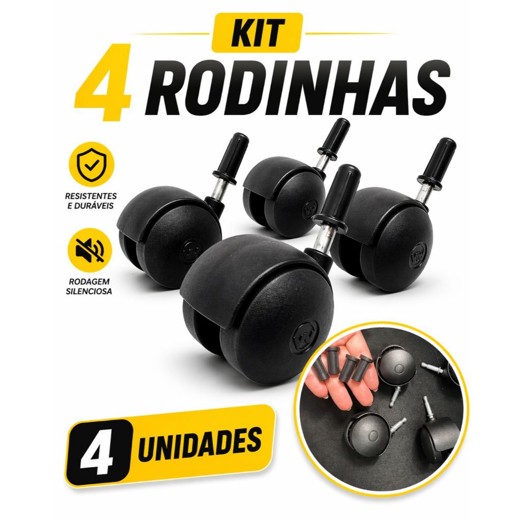 4 Rodinhas giratórias 40mm Pino 6mm preto, Fruteira Gaveteiro, moveis  + Bucha