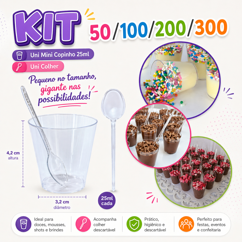 Kit 50/100/200/300 Mini Copinho 25ml Mini Colher Acrílico Cristal Brigadeiro Doce Festa Aniversário
