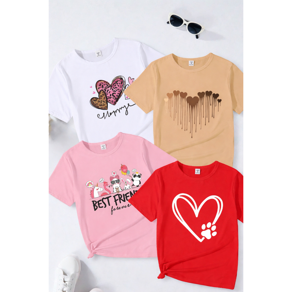 Kit 4 Camisetas Infantis Estampadas Menina Cute Friends Coração Algodão Confortável Moda Tendência