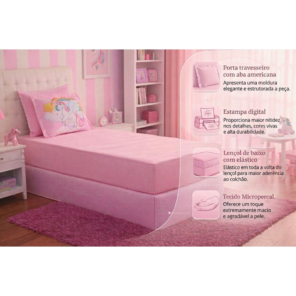 Jogo de Cama Lençol de elástico Infantil Micropercal 400 Fios Toque Macio Solteiro Personagens 02 pças