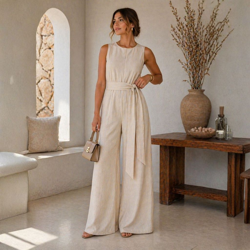 Macacão Feminino Linho Pantalona Elegante Com Faixa Cintura Alta Sem Manga Decote Fechado Longo Premium