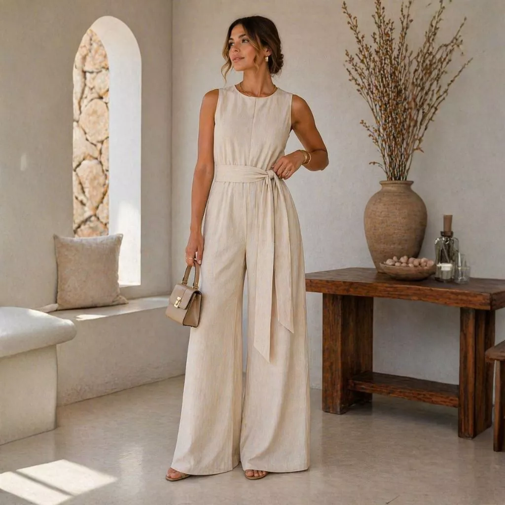 Macacão Feminino Linho Pantalona Elegante Com Faixa Cintura Alta Sem Manga Decote Fechado Longo Premium