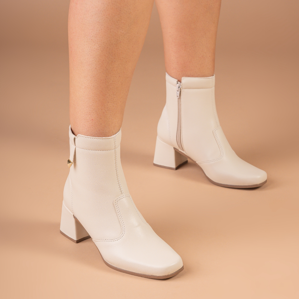 Bota Feminina Cano Curto Bico Quadrado Salto Bloco Médio Zíper Confortável Western