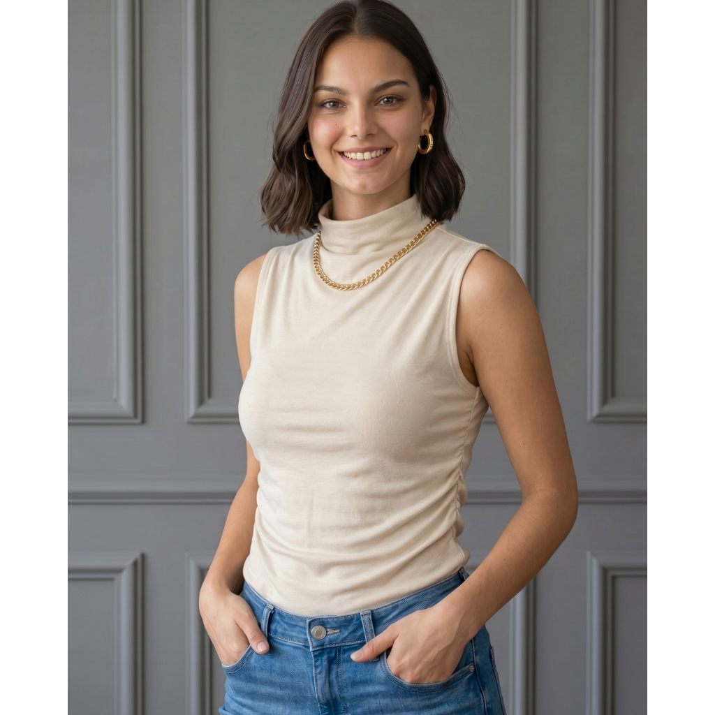 Blusa feminina Gola Alta regata grapeada Elegante sem mangas viscose com elastano