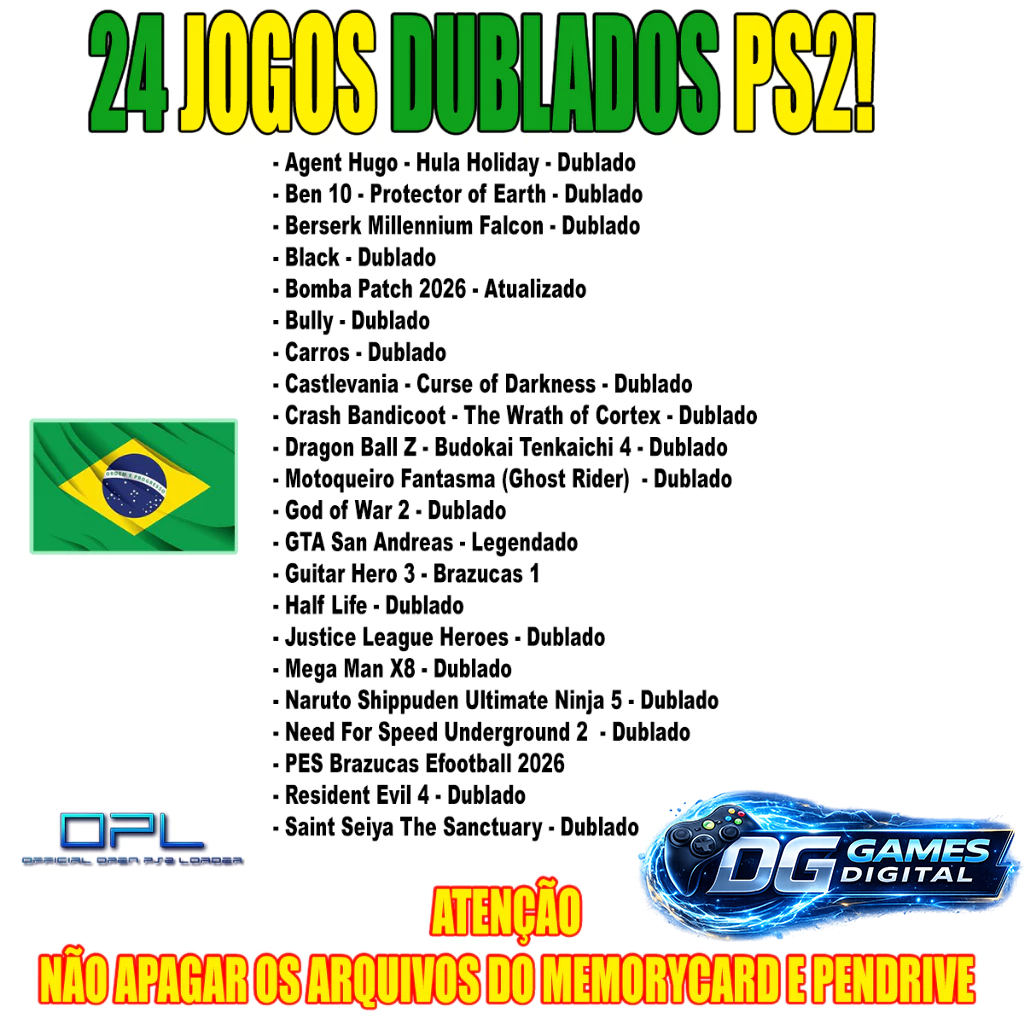 Jogos Dublados para PS2 Opl - Memory Card com OPL + Pendrive 64Gb Cheio