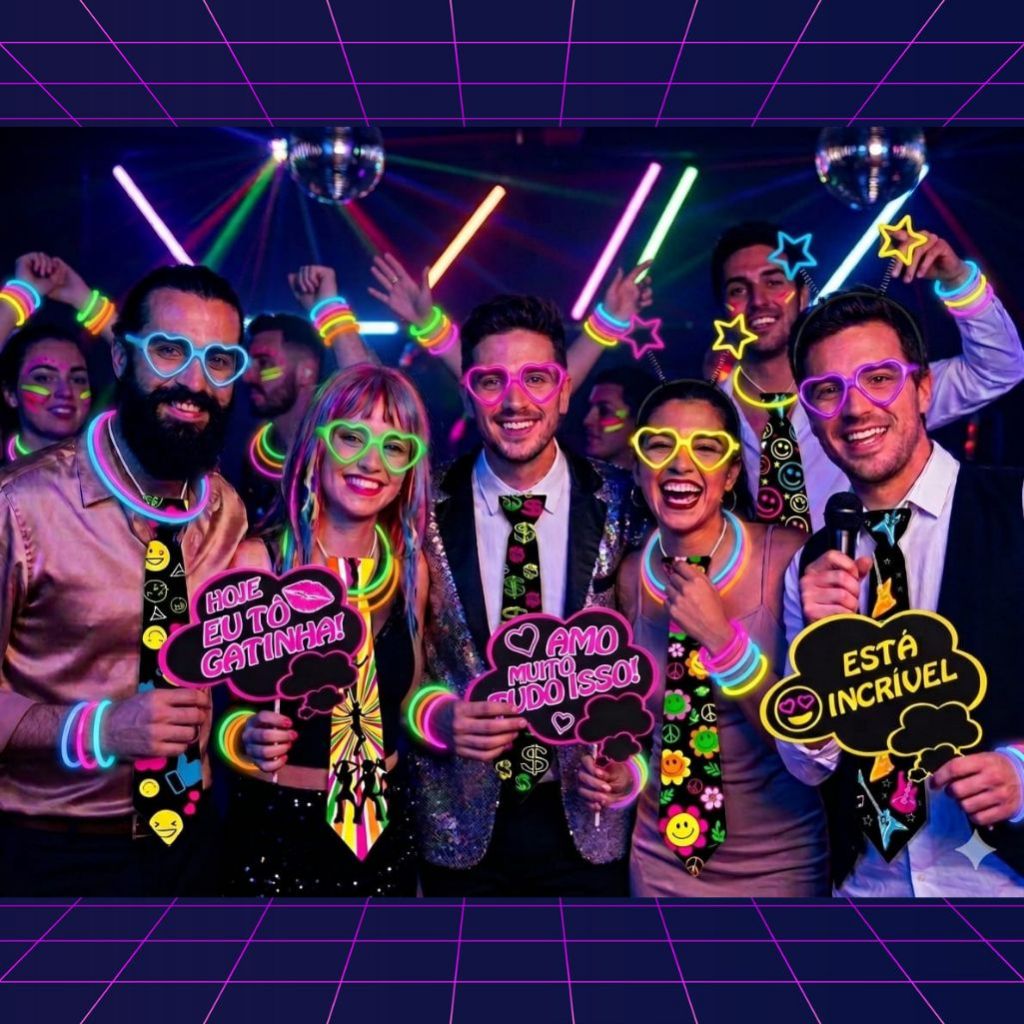 Kit's Balada 130 peças Máscara Óculos Plaquinha Tiara Marabu Pluma Gravata Pulseira Neon Festa Casamento Aniversário