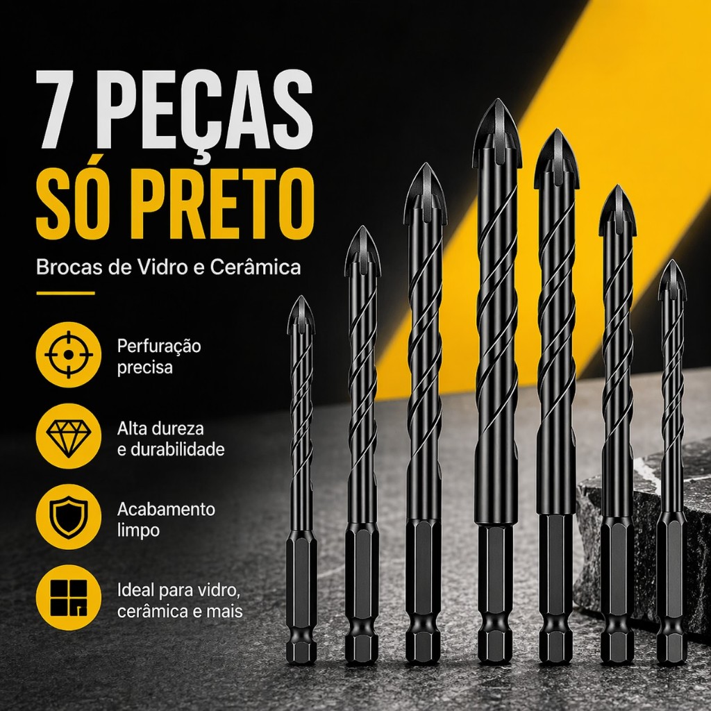 Brocas para Porcelanato e Vidro Kit 7 Peças 3 a 12mm Ponta Cruzada Resistente