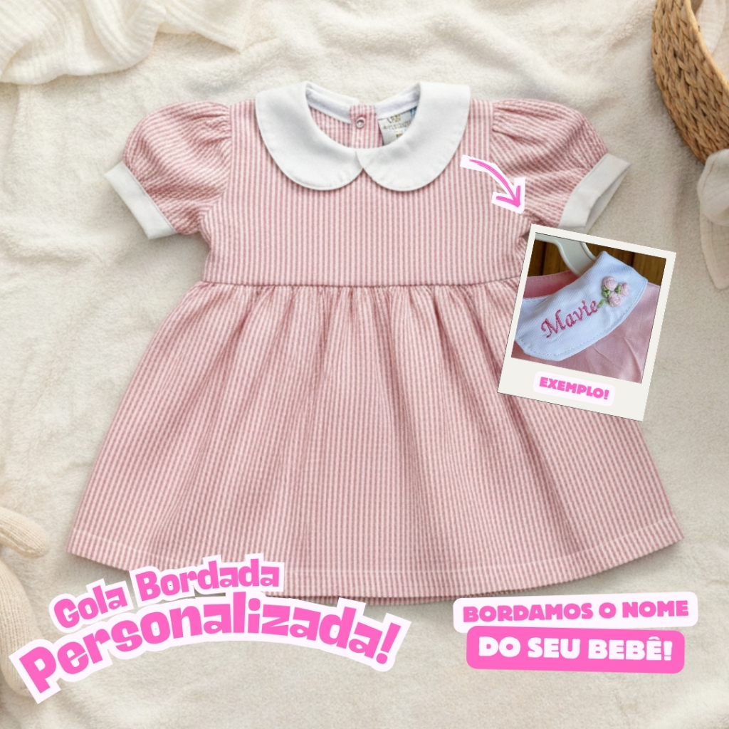 Vestido Personalizado Bebê Menina Gola Bordada Nome do Bebê Xadrez 100% Algodão Até 12 Meses