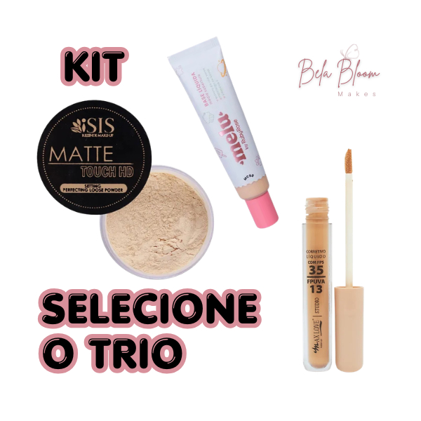 Kit Maquiagem Melu Ruby Rose + Max Love + Pó Ísis Makeup - Trio Pele Perfeita: Base, Corretivo e Pó Translúcido Pó Matte