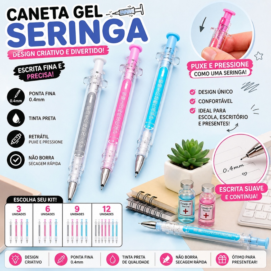 Conjunto 3/6/9/12 Unidades Caneta Gel Seringa Criativa 0.4mm Tinta Preta Retrátil