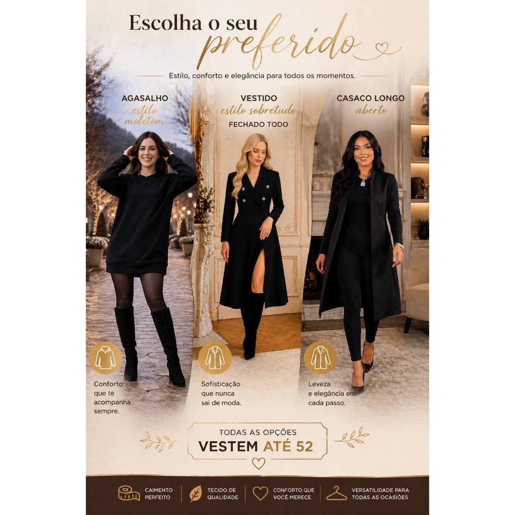 Vestido Estilo Sobretudo Plus size Preto Moda Evangélica Atacado ou Casaco Cardigã longo ou Blusão estilo moletom Poncho