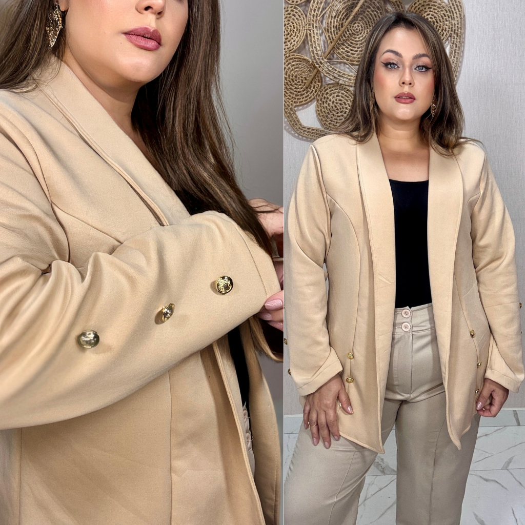 Blazer Plus Size Social Liso Feminino Casaco  em Neoprene com Botões, Modelo Alongado e Acinturado Tamanhos G1 ao G3