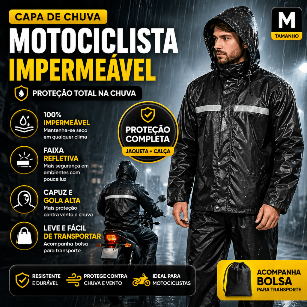 Conjunto Capa Chuva Motociclista Impermeável Refletiva Com Capuz Moto
