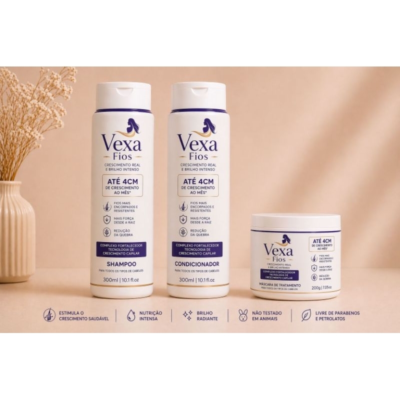 Kit Crescimento Capilar Vexa Fios Shampoo Condicionador Máscara Anti Queda Fortalecedor Cresce Cabelo Brilho Hidratação