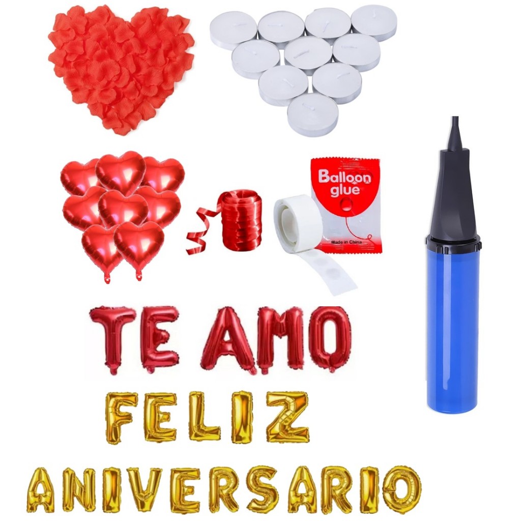 300 Pétalas + 4 Velas + 10 Balão Coração + Te Amo + Feliz aniversário + Fiitilho + Adesivo Cola Balão + Bomba de Ar