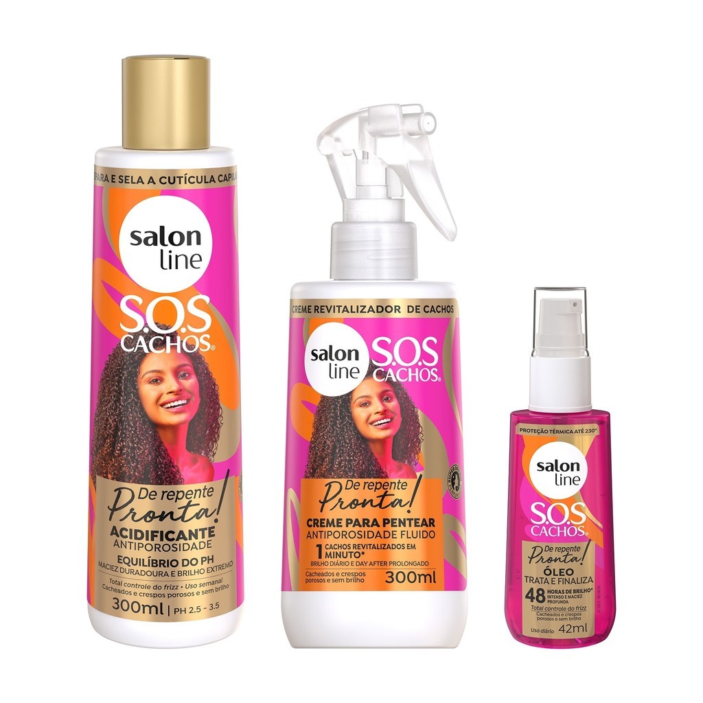 Kit Creme para Pentear Fluido + Óleo Reparador + Acidificante Super Brilho SOS Cachos De Repente Pronta!