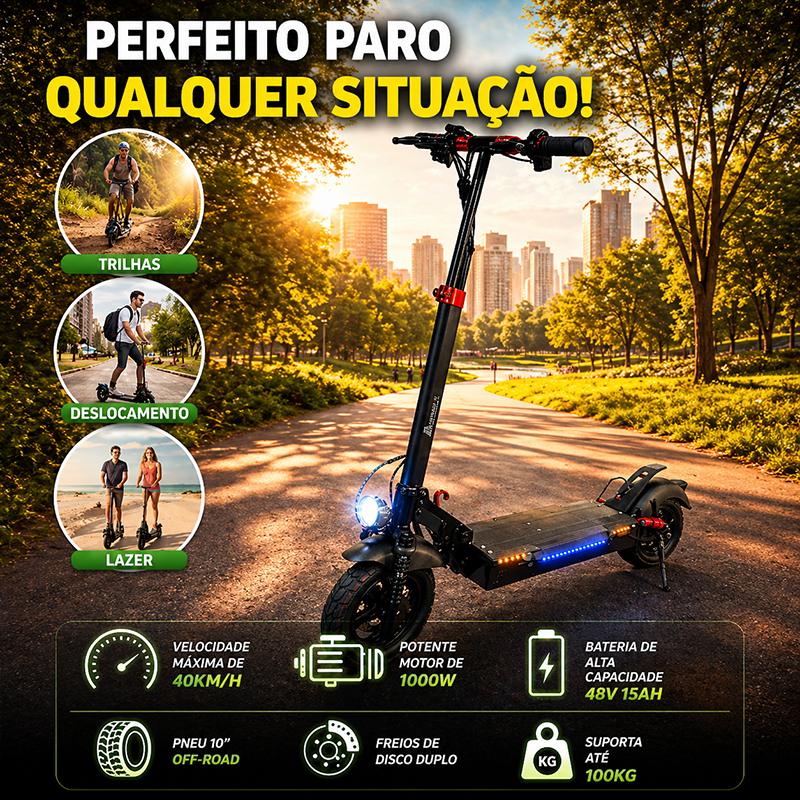 Patinete Elétrico 800W Pico 1000W 40km/h Bateria 36V 15Ah Pneu 10” Off-Road LCD Scooter Dobrável Adulto