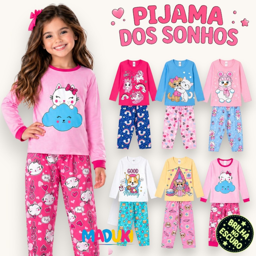 Kit 4 Peças Pijama Infantil Feminino Inverno Manga Longa Estampados Confortáveis