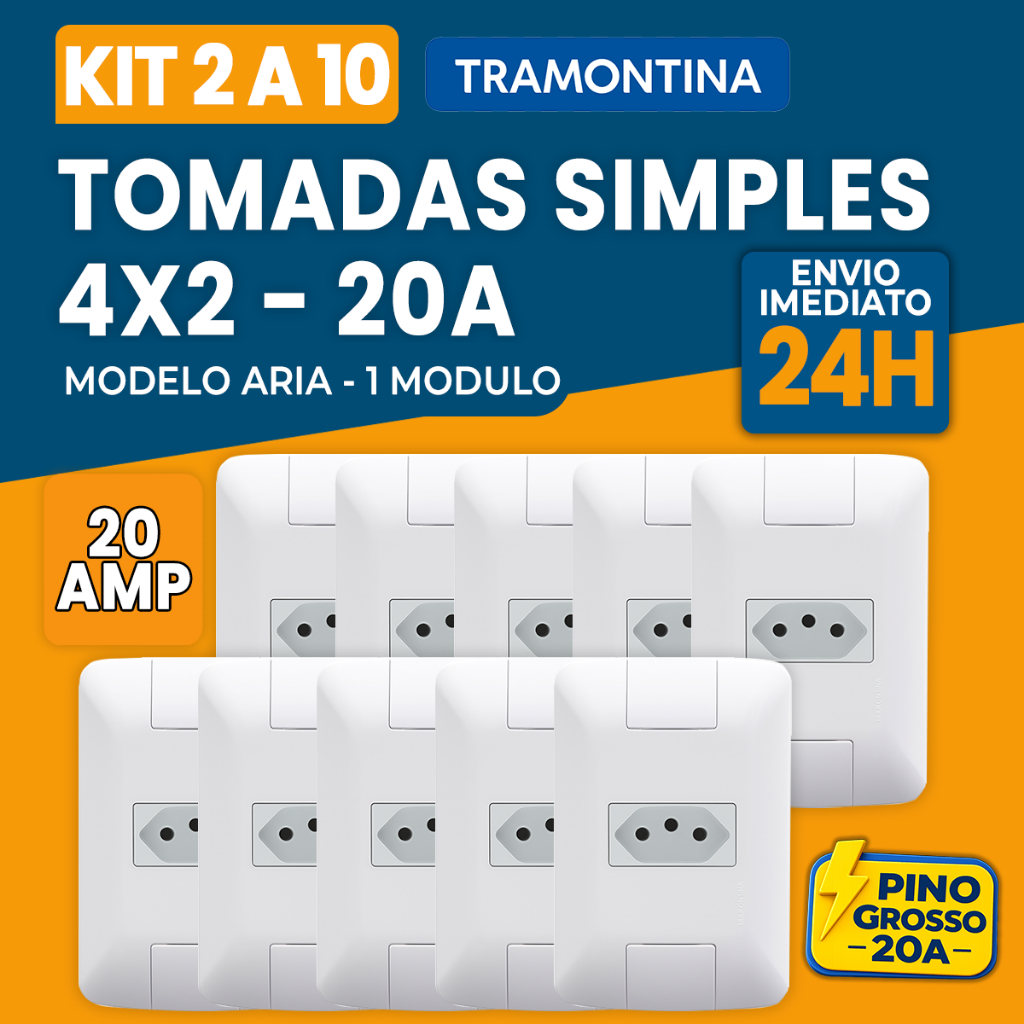 Kit Tomadas 20A 250v 4x2 Aria Para Cozinha e Eletrodomesticos Pontentes Tramontina Pino Grosso