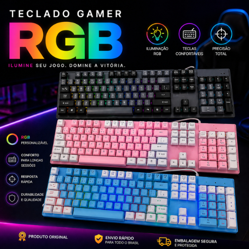 Teclado gamer com led rgb silencioso para jogos