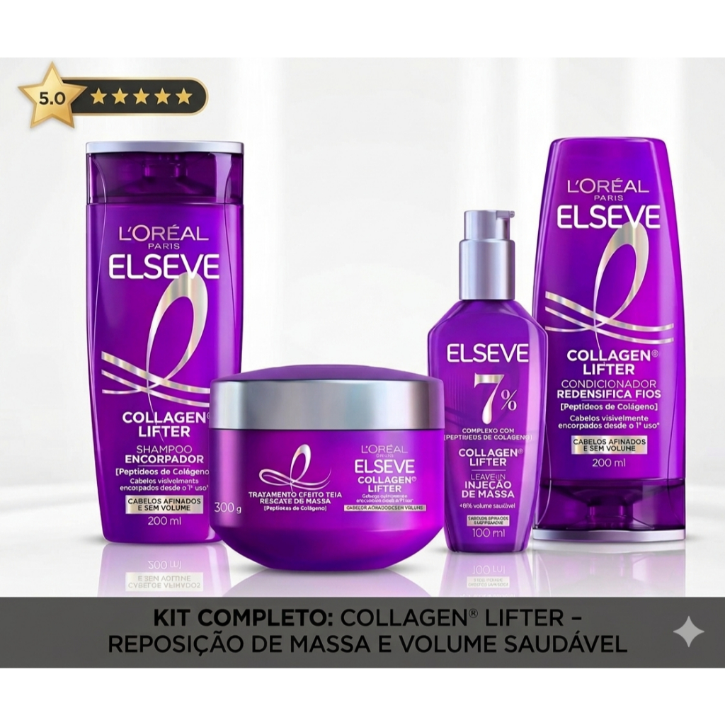 Kit Elseve 4 Itens 200ml L'Oréal Paris Collagen Lifter - Shampoo + Cond. + Máscara + Leave-in