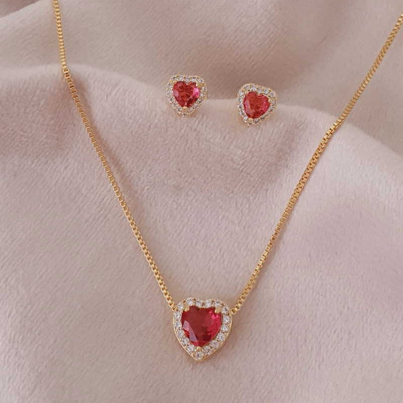 Conjunto semi joia ouro pingente coração princesa hipoalergênico com zircônia