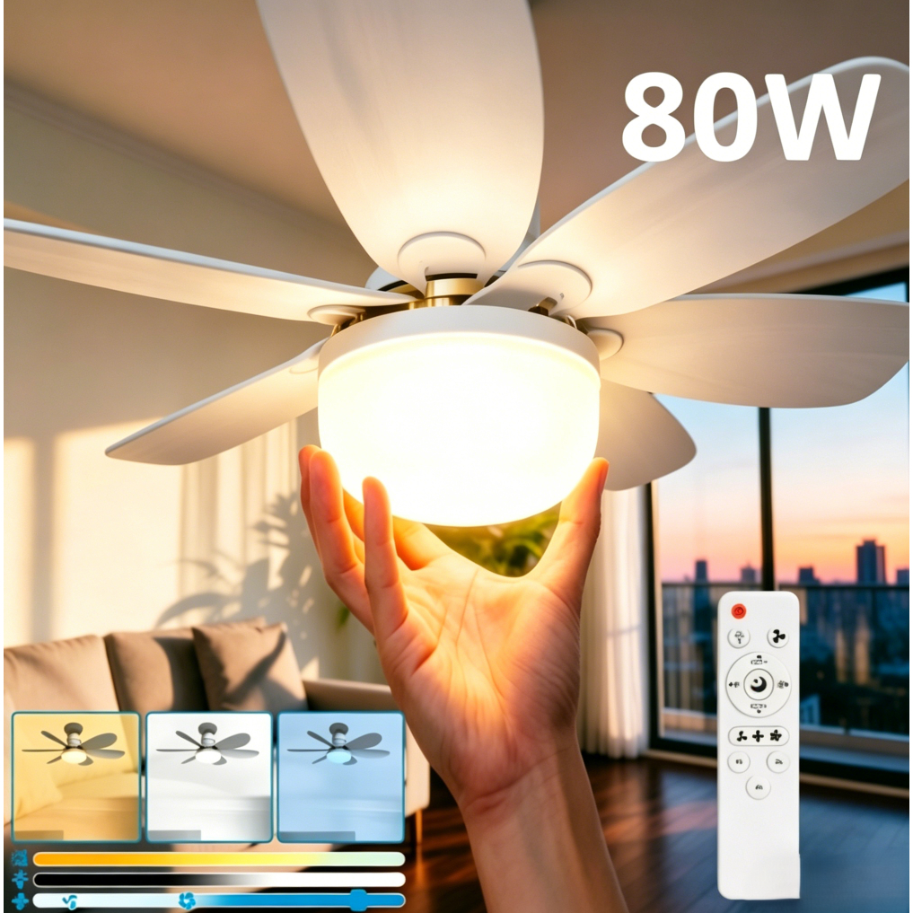 Imagem Ventilador de Teto 80W PRO 52 E27 Controle Remoto Silencioso Luminária 3 Modos Luz Econômico Para Casa