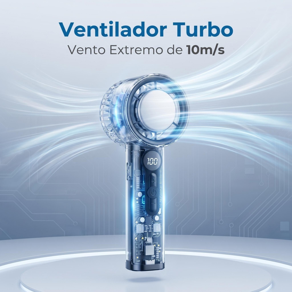 Ventilador Turbo Portátil de Mão 3000mAh 100 Velocidades Display Digital Tipo C