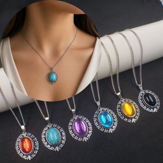 Colar aço inoxidável feminino pingente Pedra Oval 3 cm Vintage Varias Cores Prateado Gargantilha Feminina Bali
