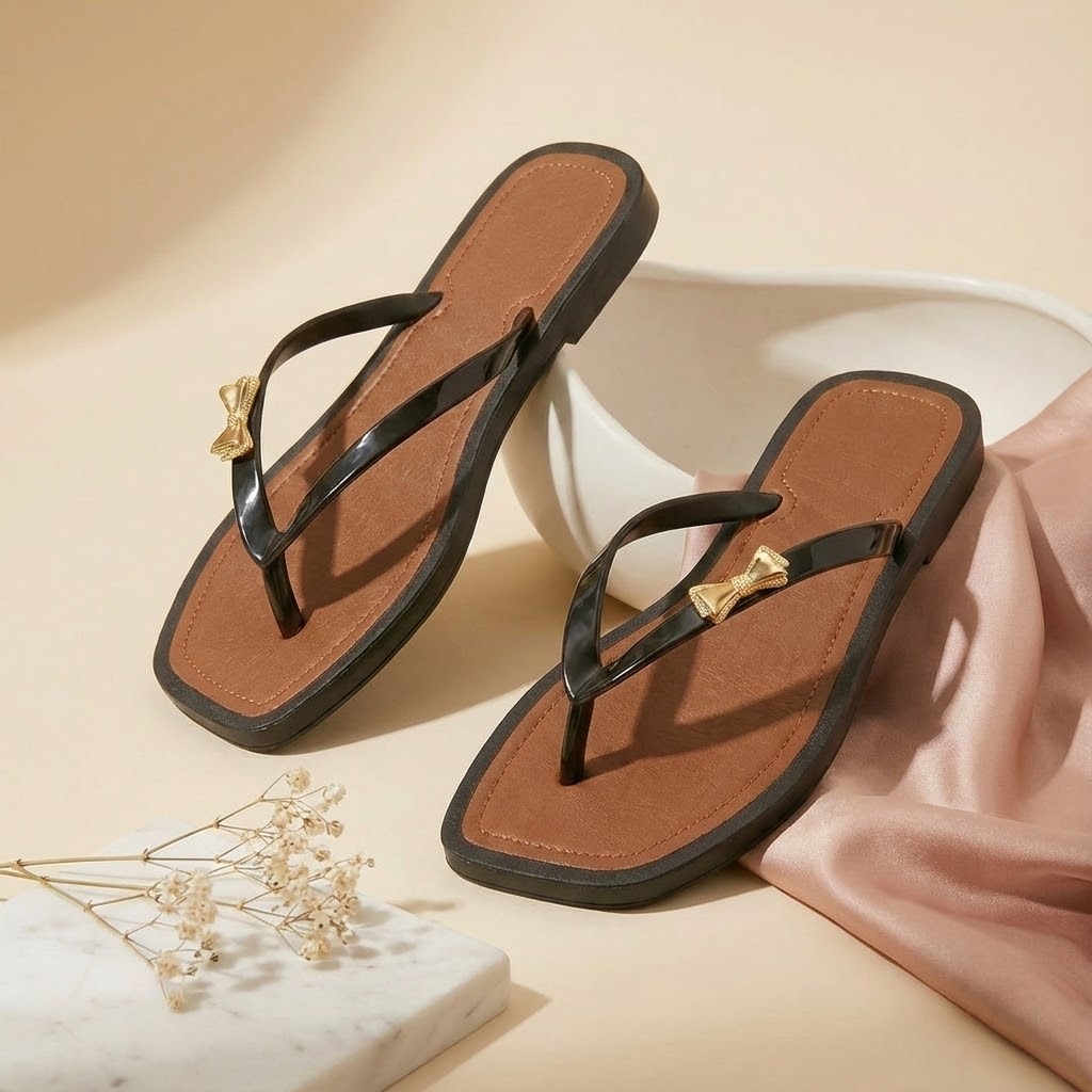 Rasteirinha Chinelo Feminino Detalhe Laco Dourado Romantico Confortavel Casual