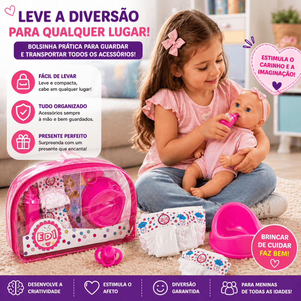 Kit Bebe Xixi Acessórios Boneca Reborn Bolsa Infantil Fralda Pinico Mamadeira Chupeta ED1 Brinquedos