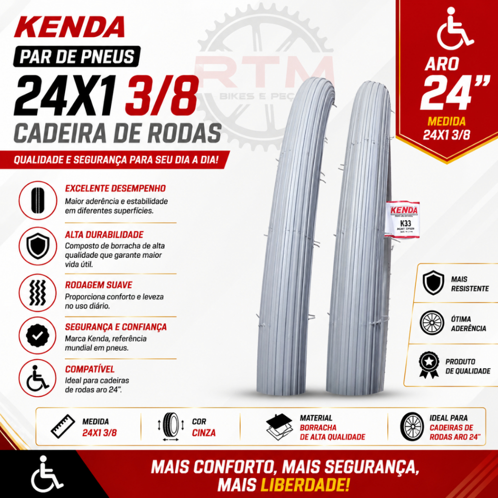 PAR PNEUS CADEIRA DE RODAS 24X1 3/8 CINZA KENDA