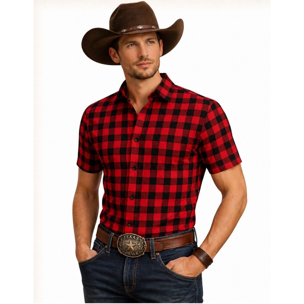 Camisa Xadrez Masculina Manga Curta Viscose Estampada Social