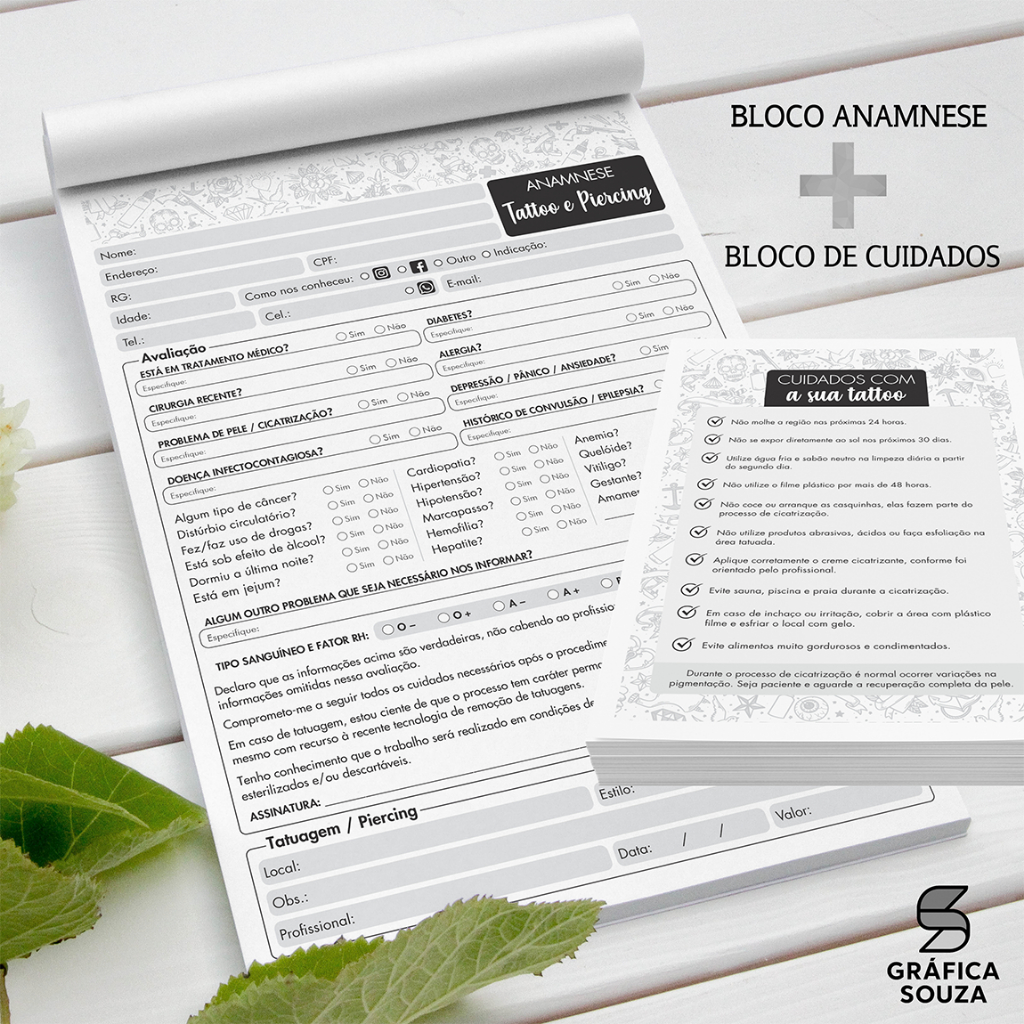 Kit Bloco Ficha De Anamnese + Bloco de Cuidados Tatuagem Tattoo e Tatuador - Monocromático