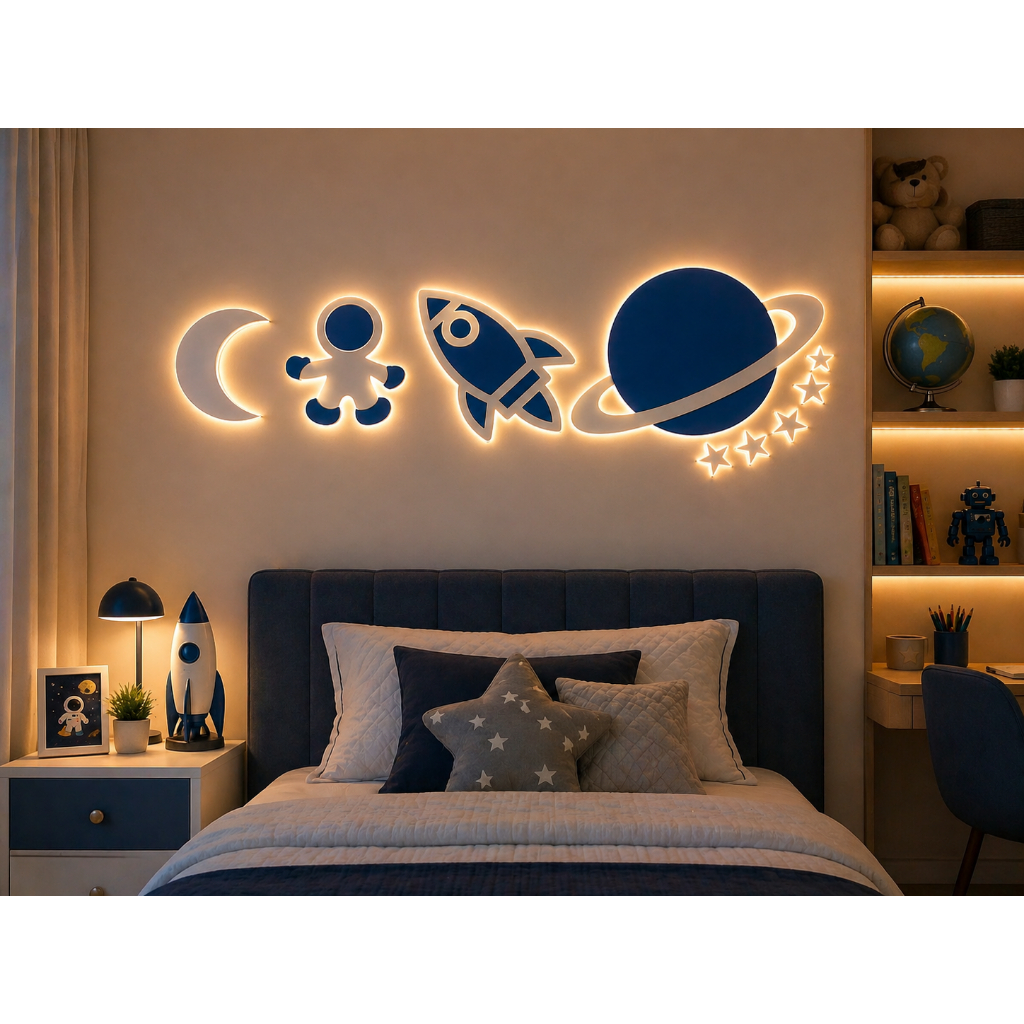 Kit Espaço com LED Decorativo Astronauta Planeta Foguete Lua Quarto Infantil MDF Com Luz