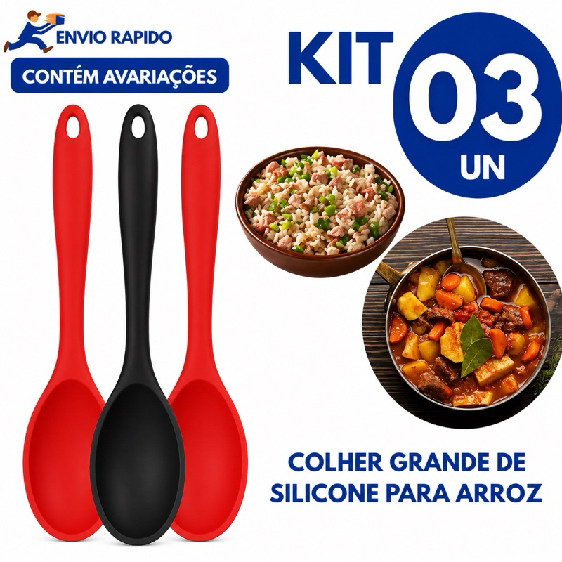 Kit 3 Colheres de Arroz de Silicone – Utensílios de Cozinha, Arroz, Massas e Confeitaria Alta Qualidade