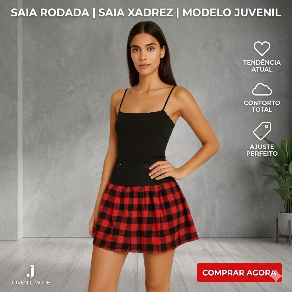 Saia Rodada Com Bolso Lateral Saia Xadrez Preto Meninas Modelo pequeno